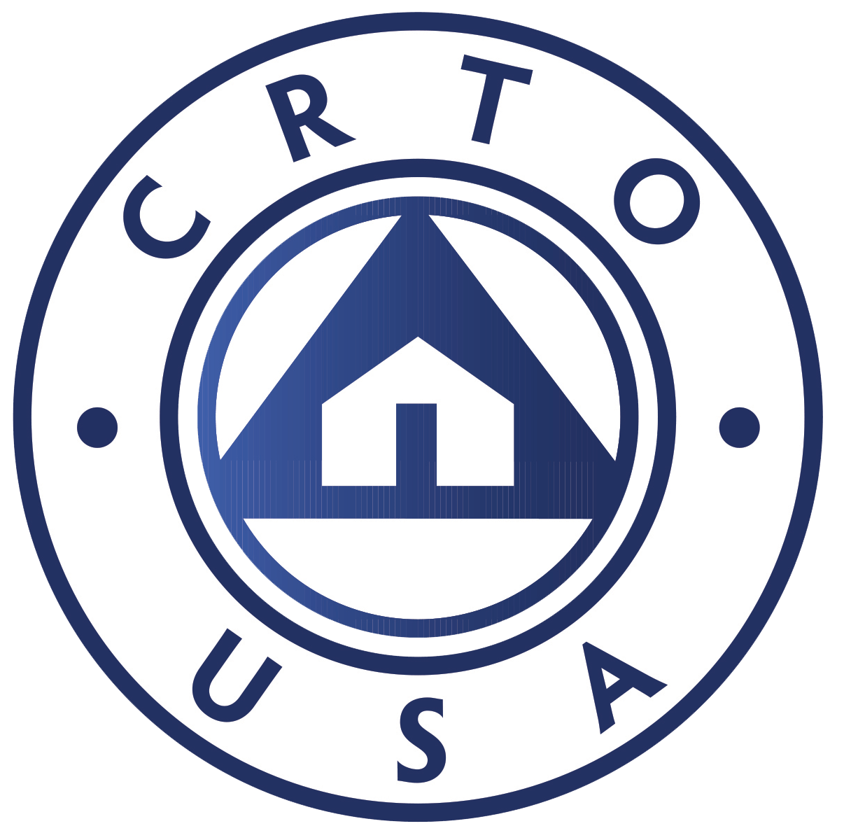 Circular logo with "CRTO USA" around the border. Inside, a house silhouette is centered within a triangle, all enclosed by a double ring. The design is in shades of blue.