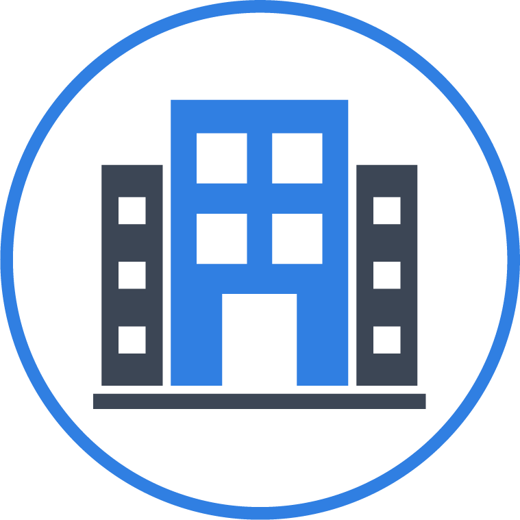 Icon of a stylized blue and black building with windows, framed within a blue circle.