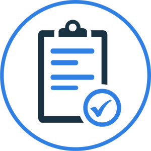 An icon of a clipboard with lines representing text and a checkmark in a circle in the bottom right corner, all enclosed within a larger blue circle.