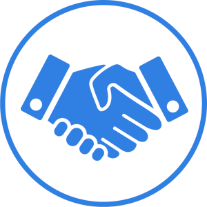 Icon of two blue hands shaking within a blue circle, symbolizing agreement or partnership.