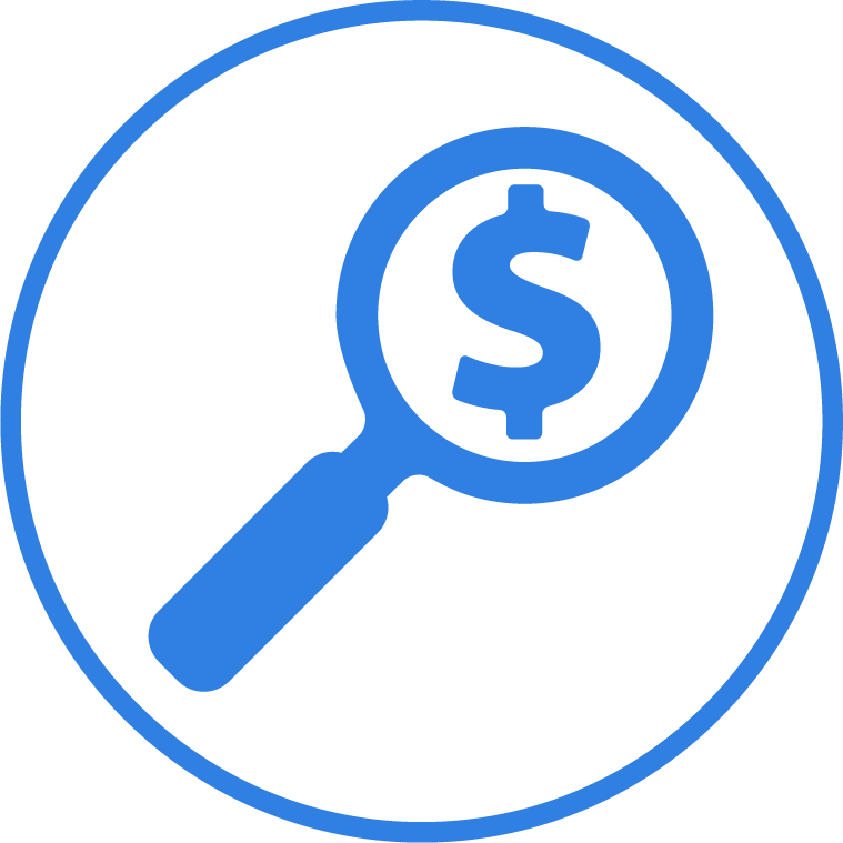A blue magnifying glass with a dollar sign inside it, enclosed in a blue circle.