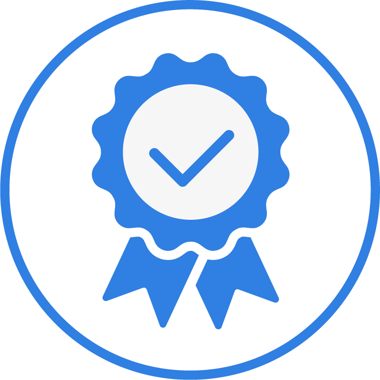 A blue award ribbon icon with a checkmark in the center, enclosed in a circle.