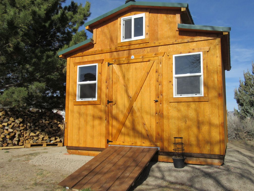 A small wooden All American Shed with a green roof and a central door, flanked by two windows, sits in a sunny area. A wooden ramp leads to the entrance. There is a stack of firewood and a tree on the left and a lantern near the ramp.